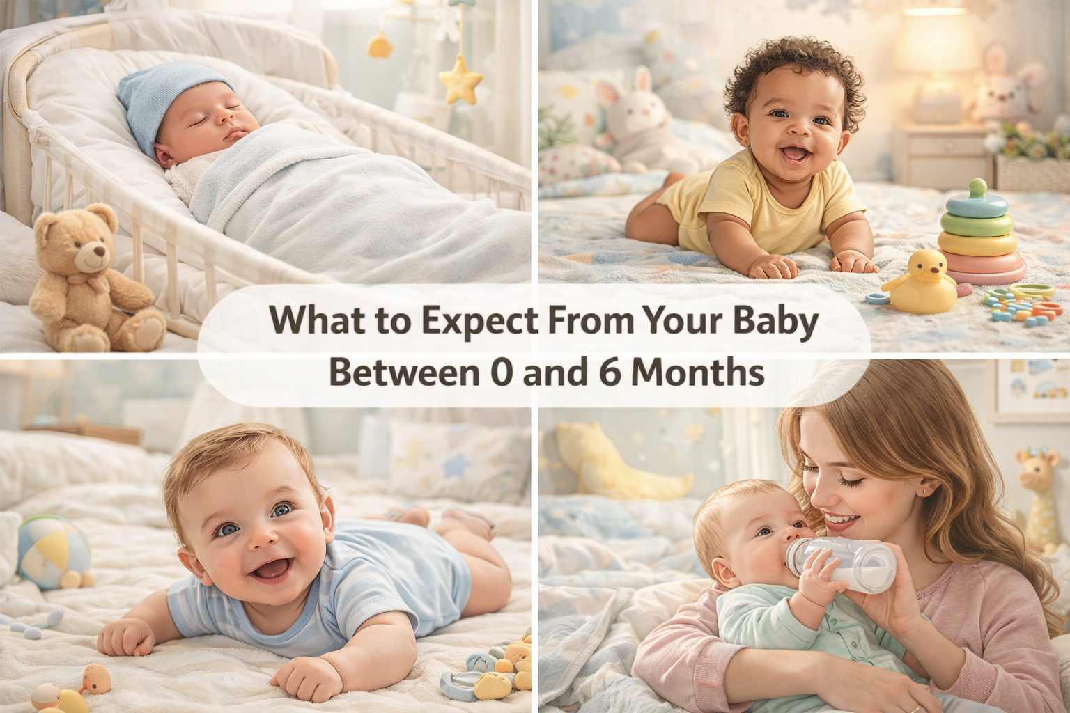 Illustration showing baby development from 0 to 6 months, including sleep, feeding, play, and early milestones