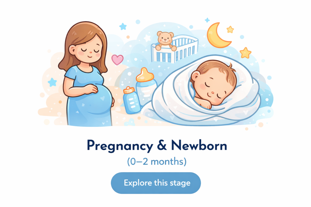 Pregnancy & Newborn (0–2 months) Illustration representing pregnancy and the newborn stage, showing a parent and a sleeping newborn baby in a calm and nurturing environment