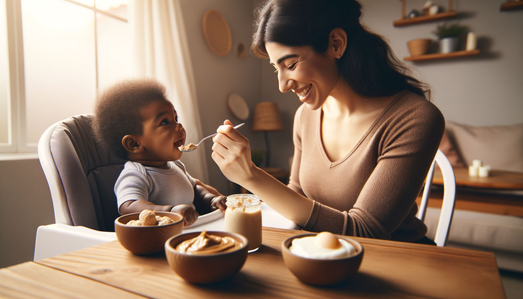 Mother feeding baby allergenic foods in high chair