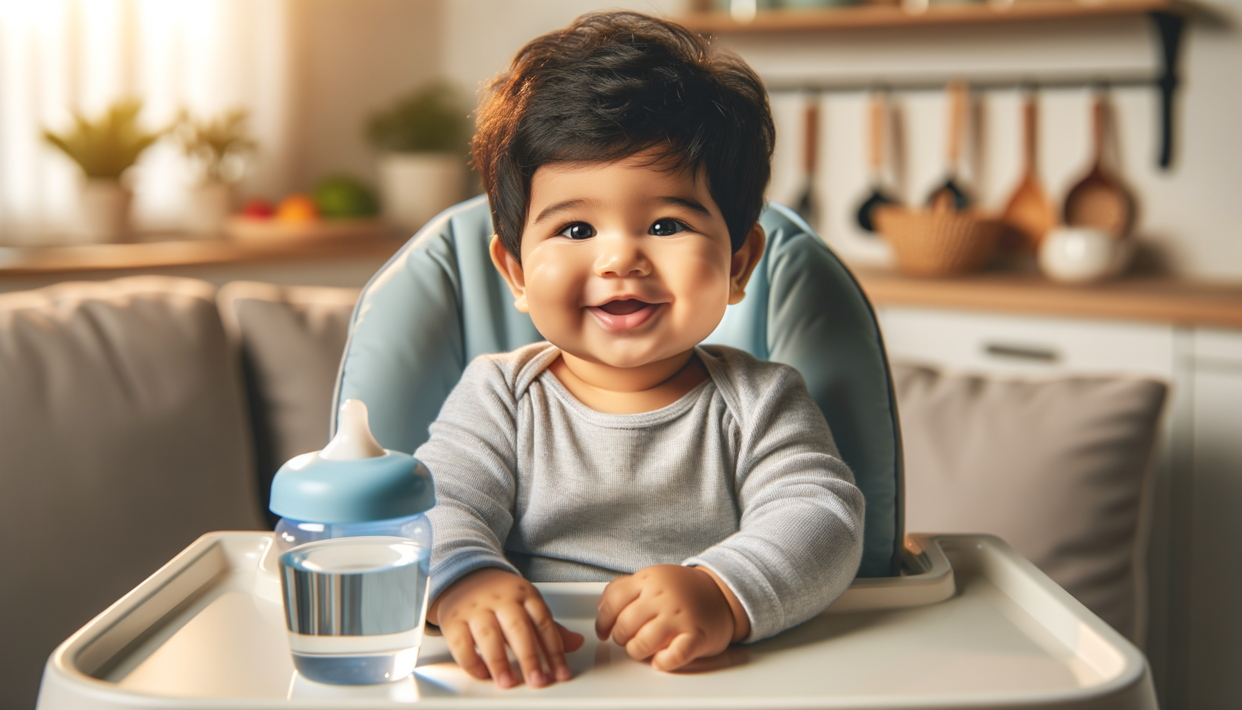 A 7-month-old baby with a sippy cup of water, water baby milestone
