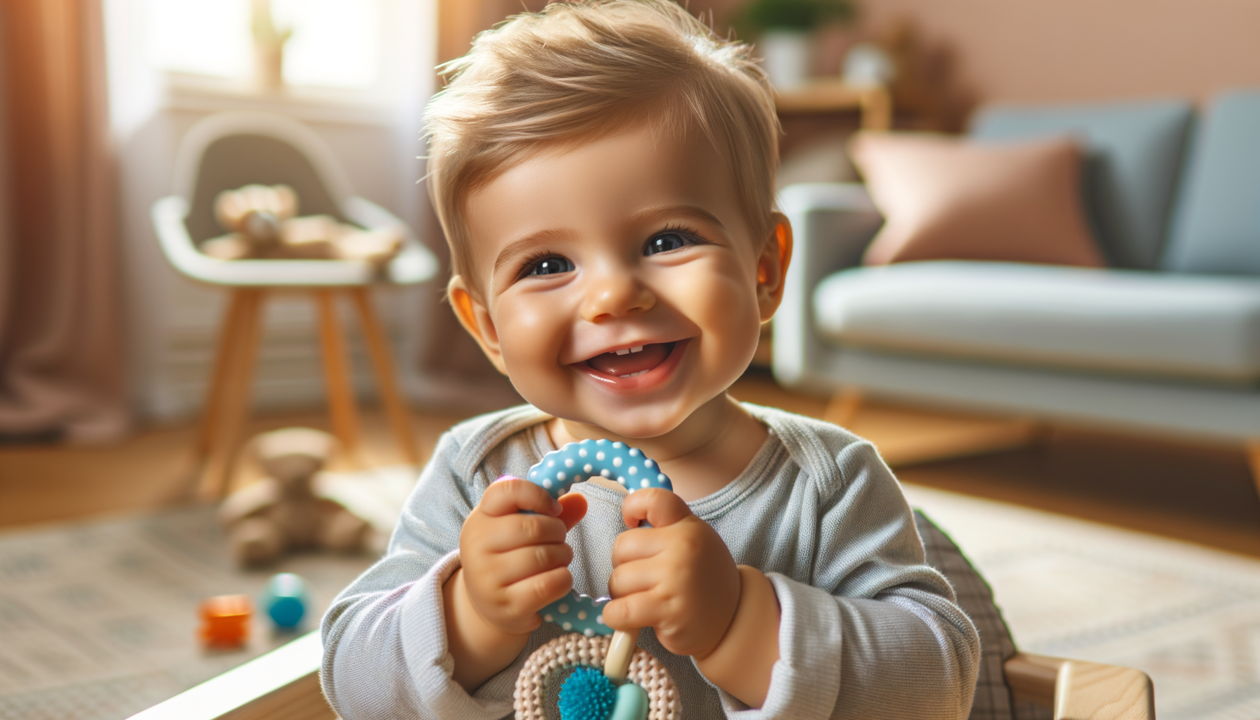 four-month-old baby teething with toy in cozy nursery setting