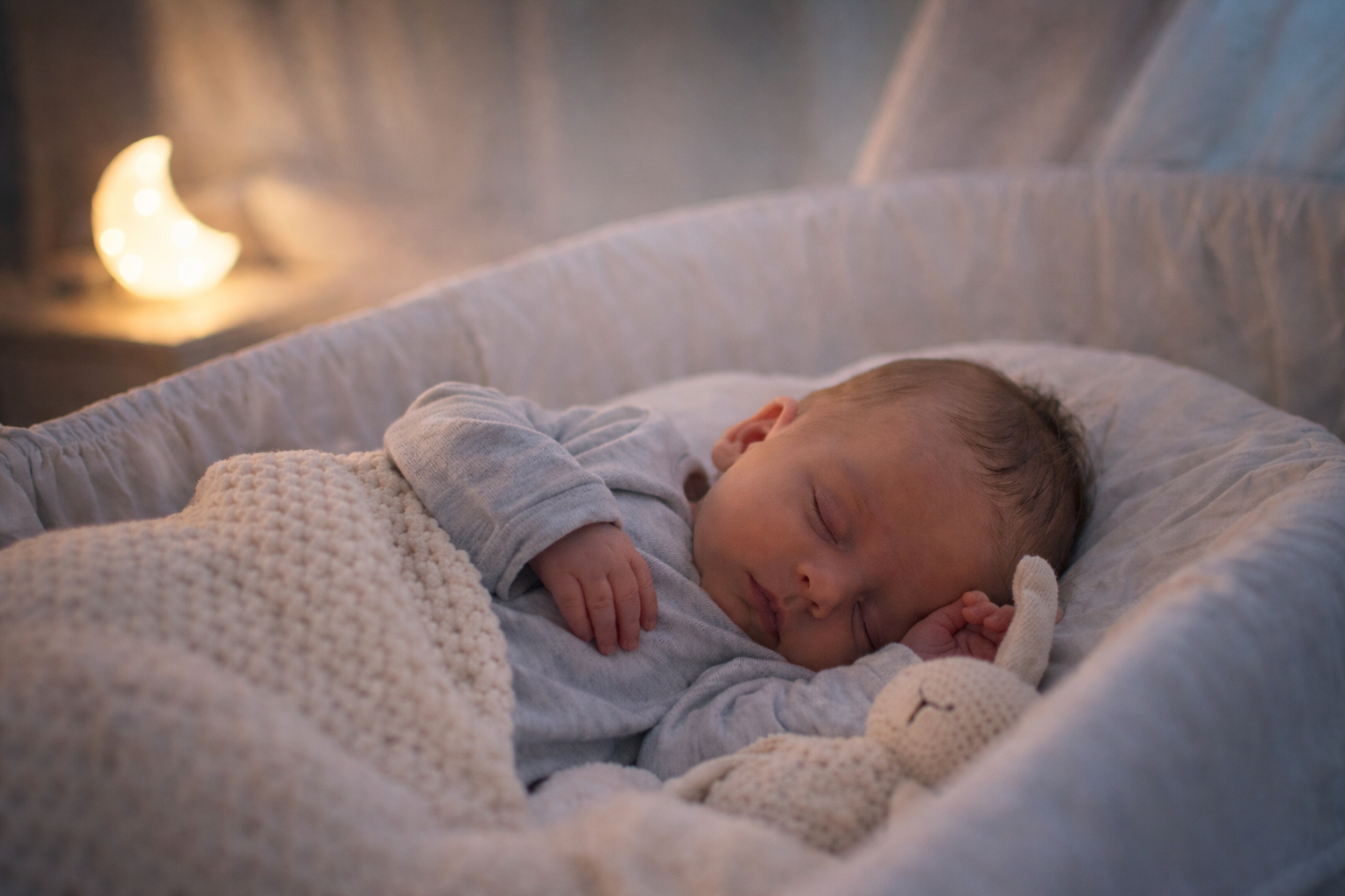 Newborn baby sleeping peacefully in a calm night-time environment