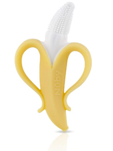 Nuby banana silicone teether designed to soothe baby teething gums
