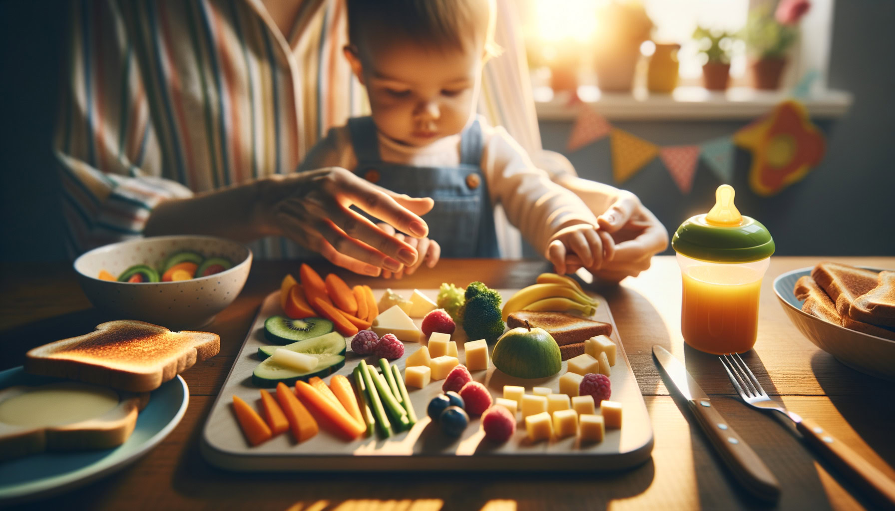 toddler reaching for first foods at kitchen table