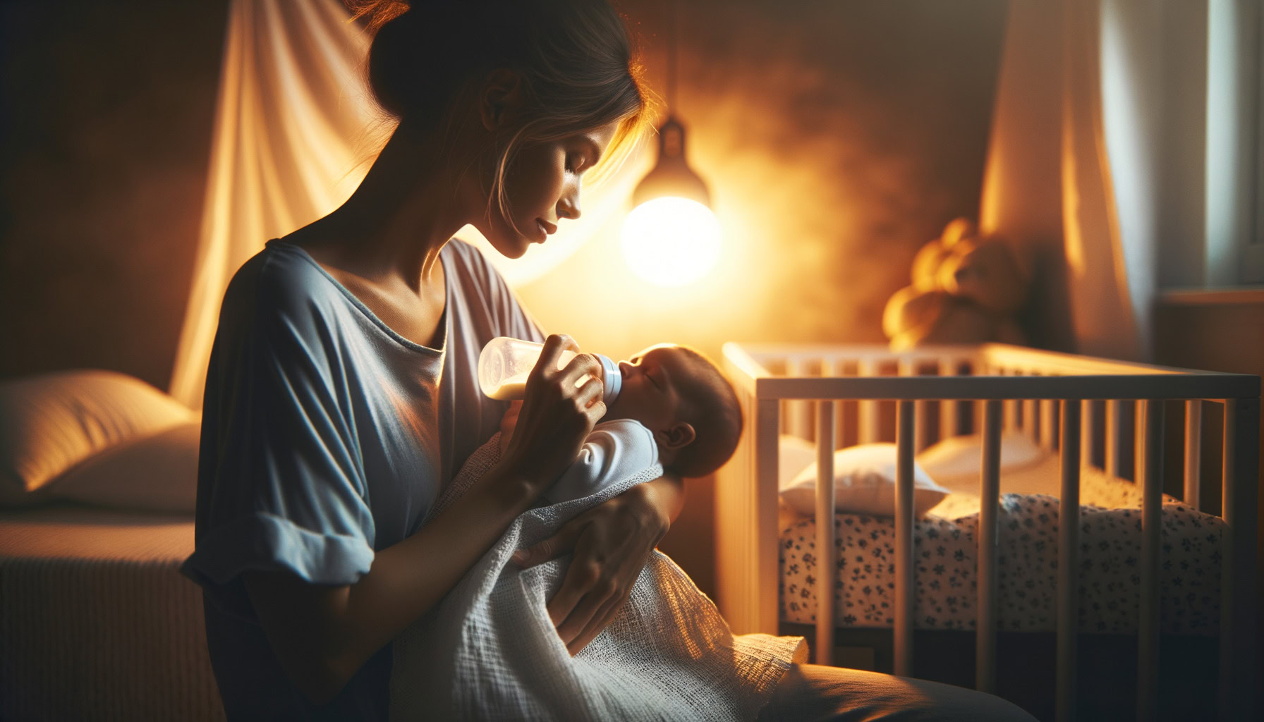 mum gently feeding newborn at night in warm light