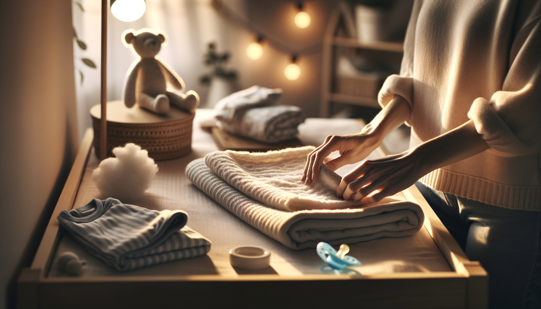 adult hands folding muslin blanket for safe swaddling in nursery