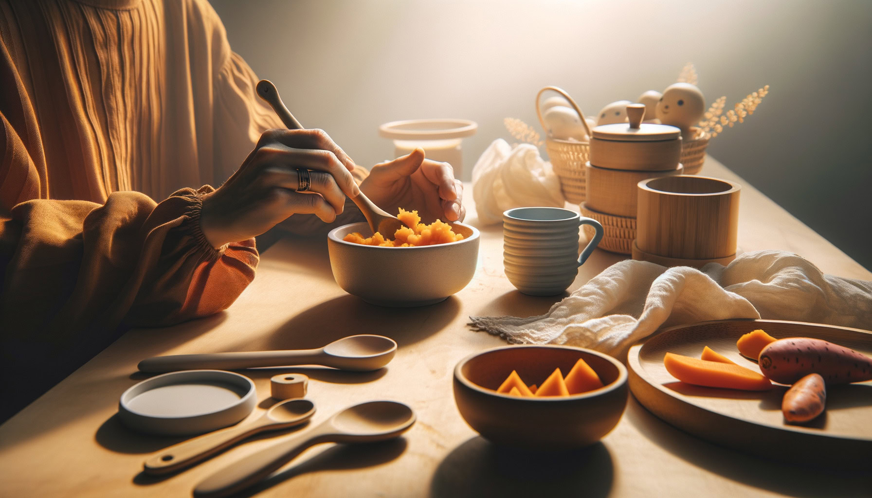 adult hands mashing sweet potato for baby in a bowl